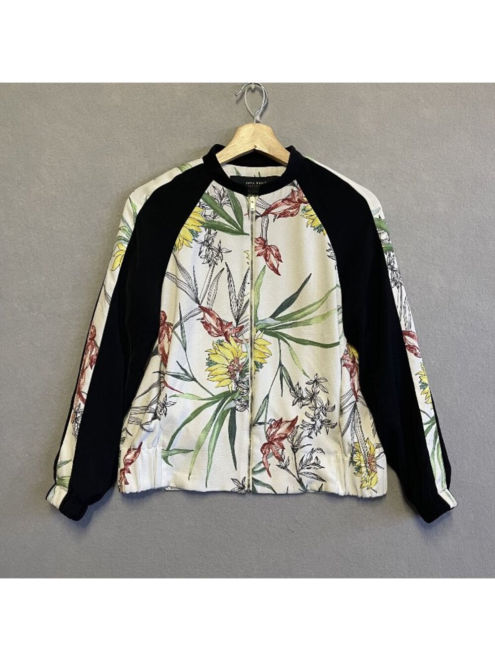 Zara Basic Tropical Floral Print Bomber Jacket Zip Closure Lightweight XS